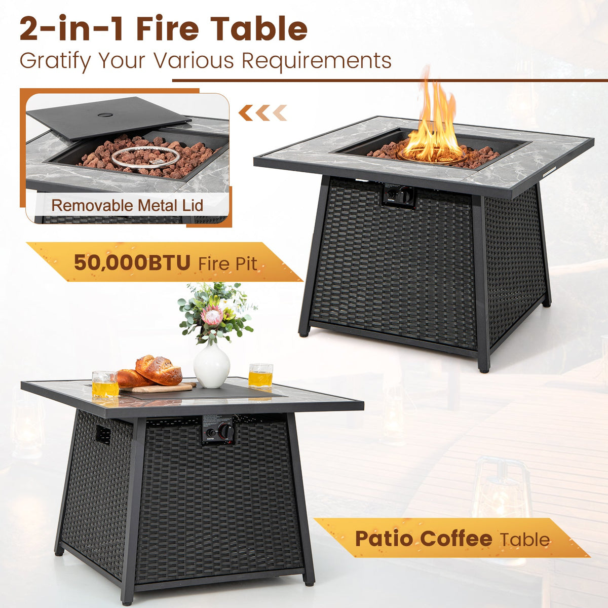 7-Piece Outdoor PE Wicker Patio Set with 35" 50,000 BTU Propane Fire Pit & Waterproof Cover