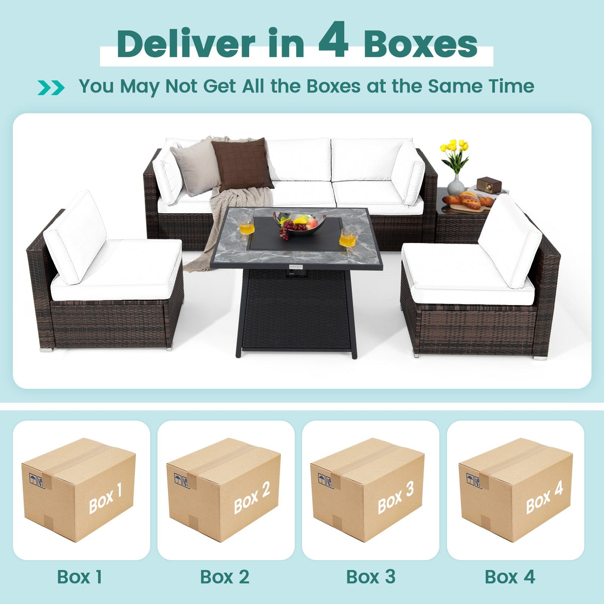7-Piece Outdoor PE Wicker Patio Set with 35" 50,000 BTU Propane Fire Pit & Waterproof Cover