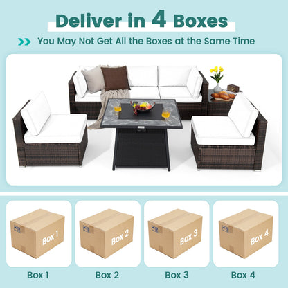 7-Piece Outdoor PE Wicker Patio Set with 35" 50,000 BTU Propane Fire Pit & Waterproof Cover