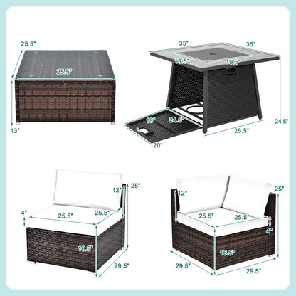 7-Piece Outdoor PE Wicker Patio Set with 35" 50,000 BTU Propane Fire Pit & Waterproof Cover