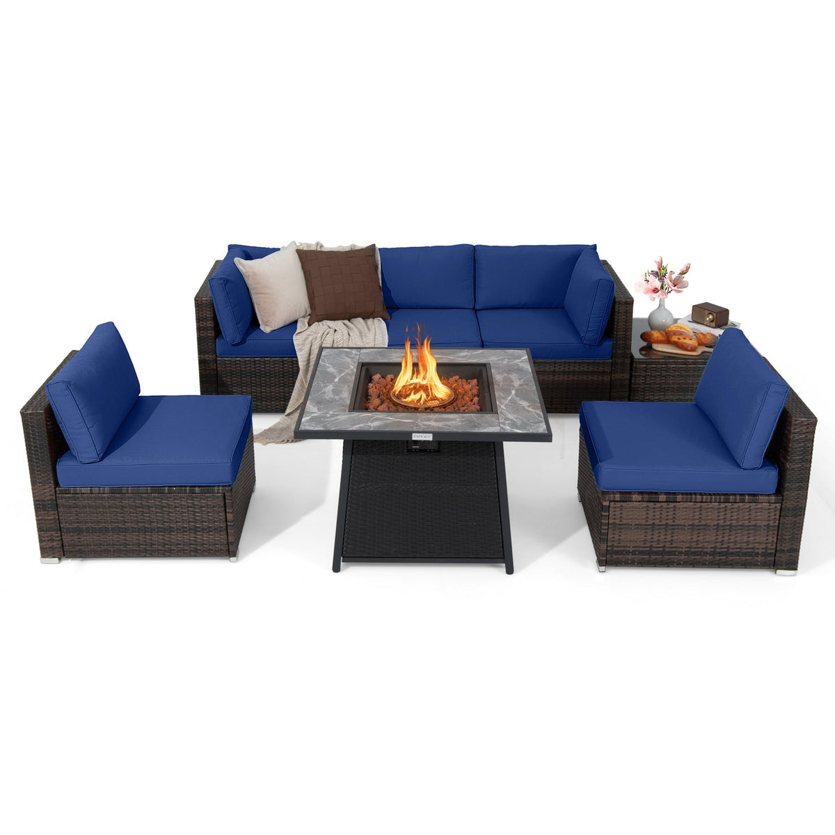 7-Piece Outdoor PE Wicker Patio Set with 35" 50,000 BTU Propane Fire Pit & Waterproof Cover