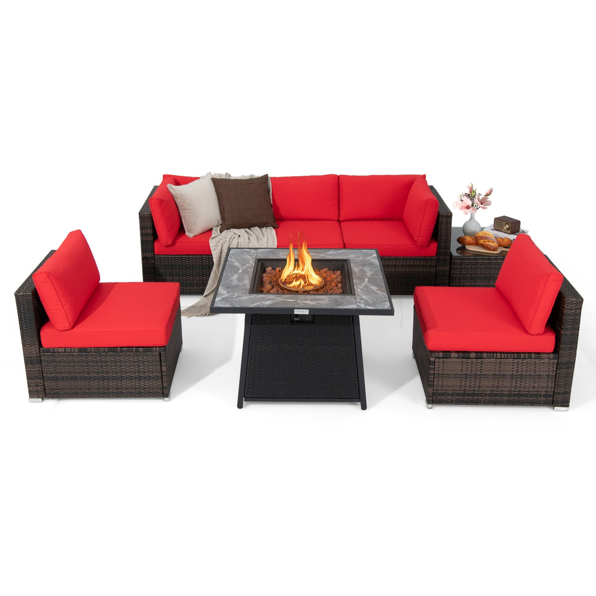 7-Piece Outdoor PE Wicker Patio Set with 35" 50,000 BTU Propane Fire Pit & Waterproof Cover