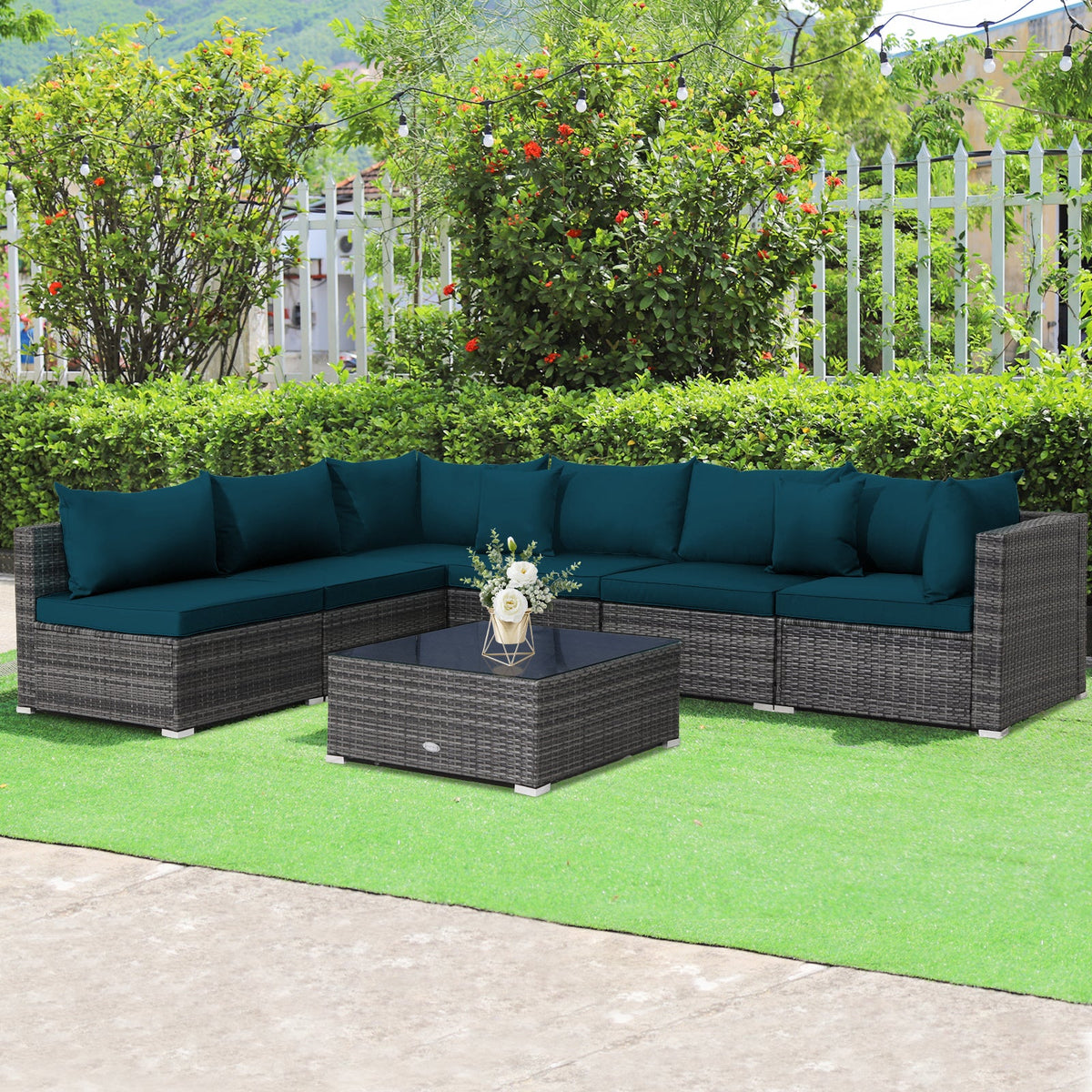 7-Piece Patio Rattan Furniture Set Sectional Sofa Garden Cushion