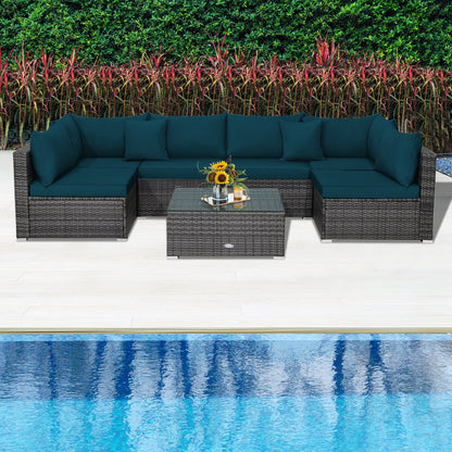 7-Piece Patio Rattan Furniture Set Sectional Sofa Garden Cushion