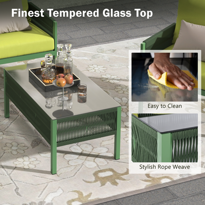4-Piece Outdoor Rope Weave Deep Seating Set with Tempered Glass Table — Green & Yellow-Green