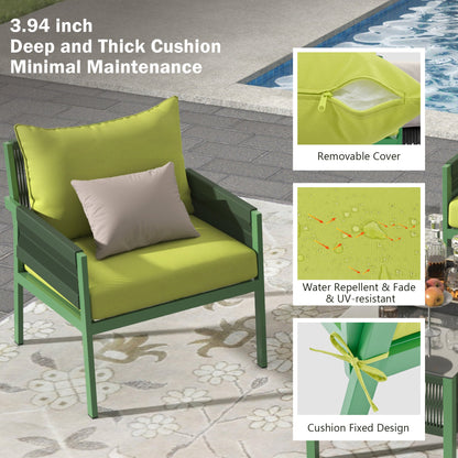 4-Piece Outdoor Rope Weave Deep Seating Set with Tempered Glass Table — Green & Yellow-Green
