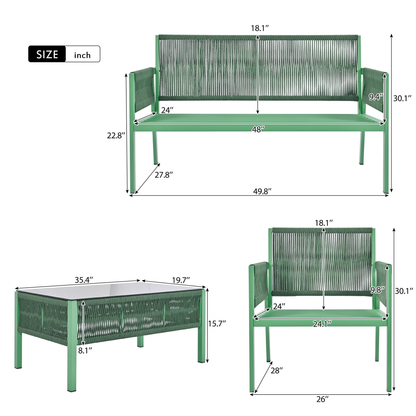 4-Piece Outdoor Rope Weave Deep Seating Set with Tempered Glass Table — Green & Yellow-Green