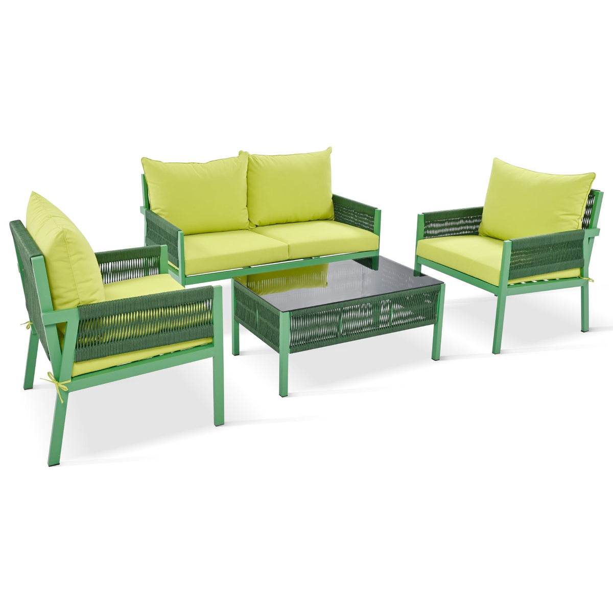 4-Piece Outdoor Rope Weave Deep Seating Set with Tempered Glass Table — Green & Yellow-Green