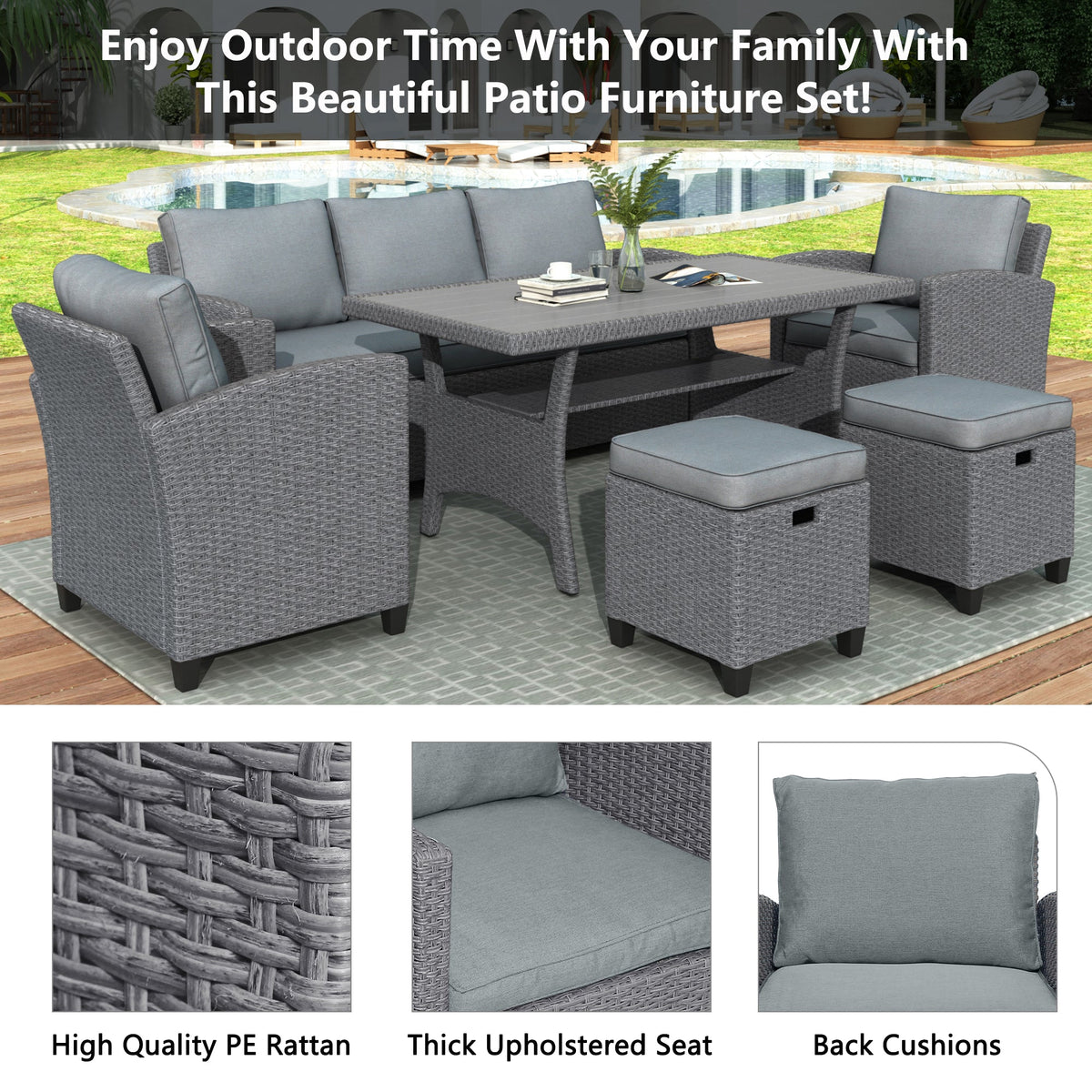 TOPMAX 6-Piece Outdoor Rattan Wicker Conversation Set with Sofa, Chairs, Ottomans & Table – Gray