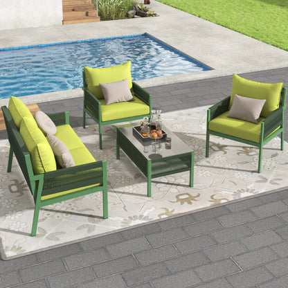 4-Piece Outdoor Rope Weave Deep Seating Set with Tempered Glass Table — Green & Yellow-Green