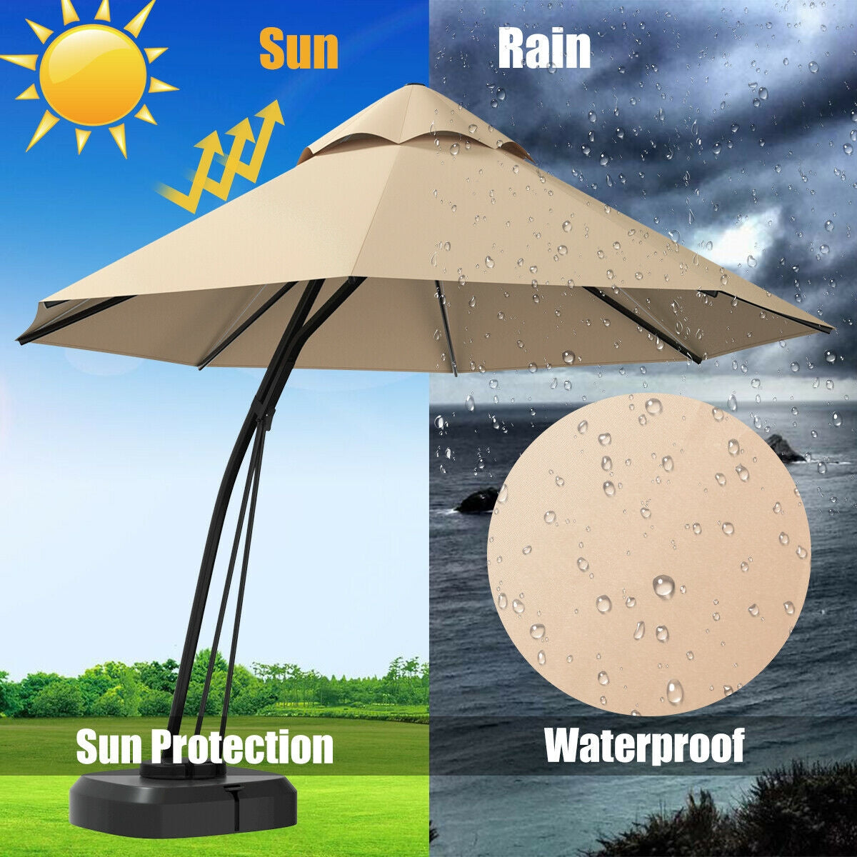 11-Foot Outdoor Cantilever Umbrella – 360° Rotation, Double-Top Wind Vent, Weighted Base & Wheels