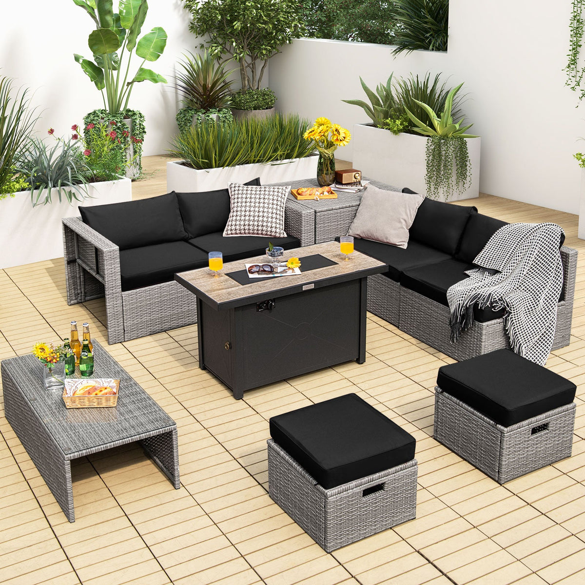 9-Piece Outdoor Hand-Woven PE Wicker Set with 42" 60,000 BTU Ceramic Fire Pit & 2 Covers