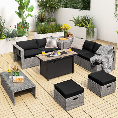9-Piece Outdoor Hand-Woven PE Wicker Set with 42" 60,000 BTU Ceramic Fire Pit & 2 Covers