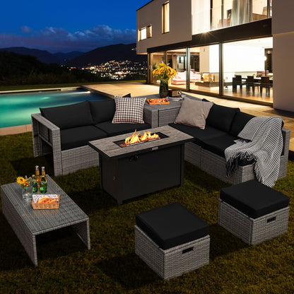 9-Piece Outdoor Hand-Woven PE Wicker Set with 42" 60,000 BTU Ceramic Fire Pit & 2 Covers