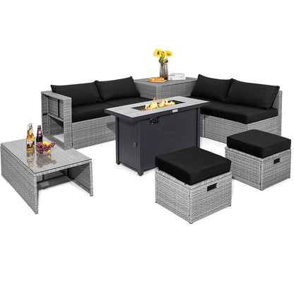 9-Piece Outdoor Hand-Woven PE Wicker Set with 42" 60,000 BTU Ceramic Fire Pit & 2 Covers