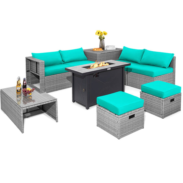 9-Piece Outdoor Hand-Woven PE Wicker Set with 42" 60,000 BTU Ceramic Fire Pit & 2 Covers