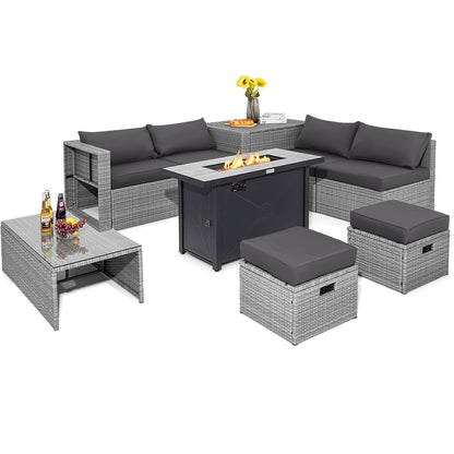 9-Piece Outdoor Hand-Woven PE Wicker Set with 42" 60,000 BTU Ceramic Fire Pit & 2 Covers