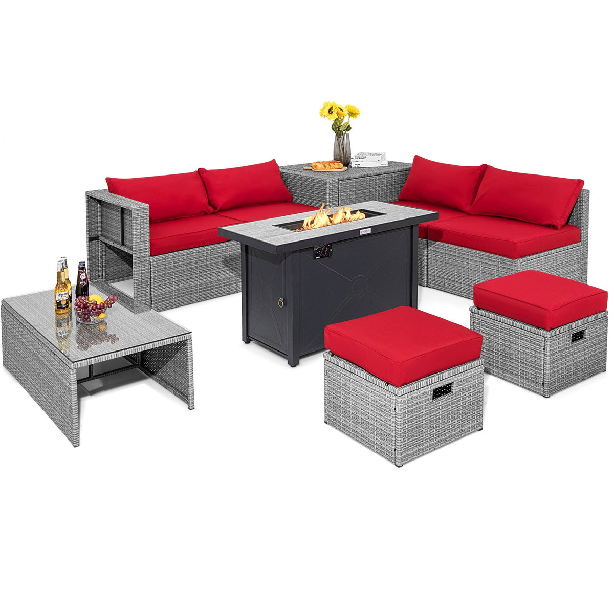 9-Piece Outdoor Hand-Woven PE Wicker Set with 42" 60,000 BTU Ceramic Fire Pit & 2 Covers