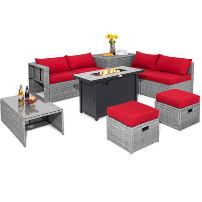 9-Piece Outdoor Hand-Woven PE Wicker Set with 42" 60,000 BTU Ceramic Fire Pit & 2 Covers