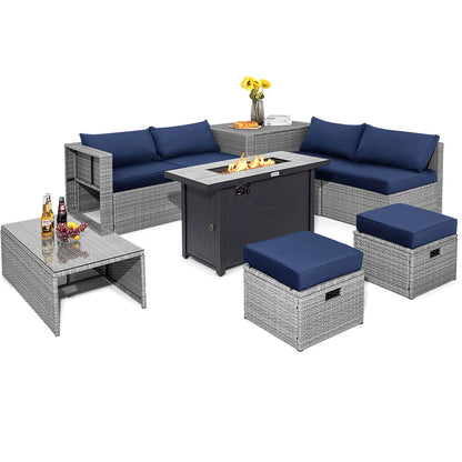 9-Piece Outdoor Hand-Woven PE Wicker Set with 42" 60,000 BTU Ceramic Fire Pit & 2 Covers