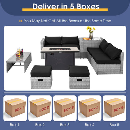 9-Piece Outdoor Hand-Woven PE Wicker Set with 42" 60,000 BTU Ceramic Fire Pit & 2 Covers