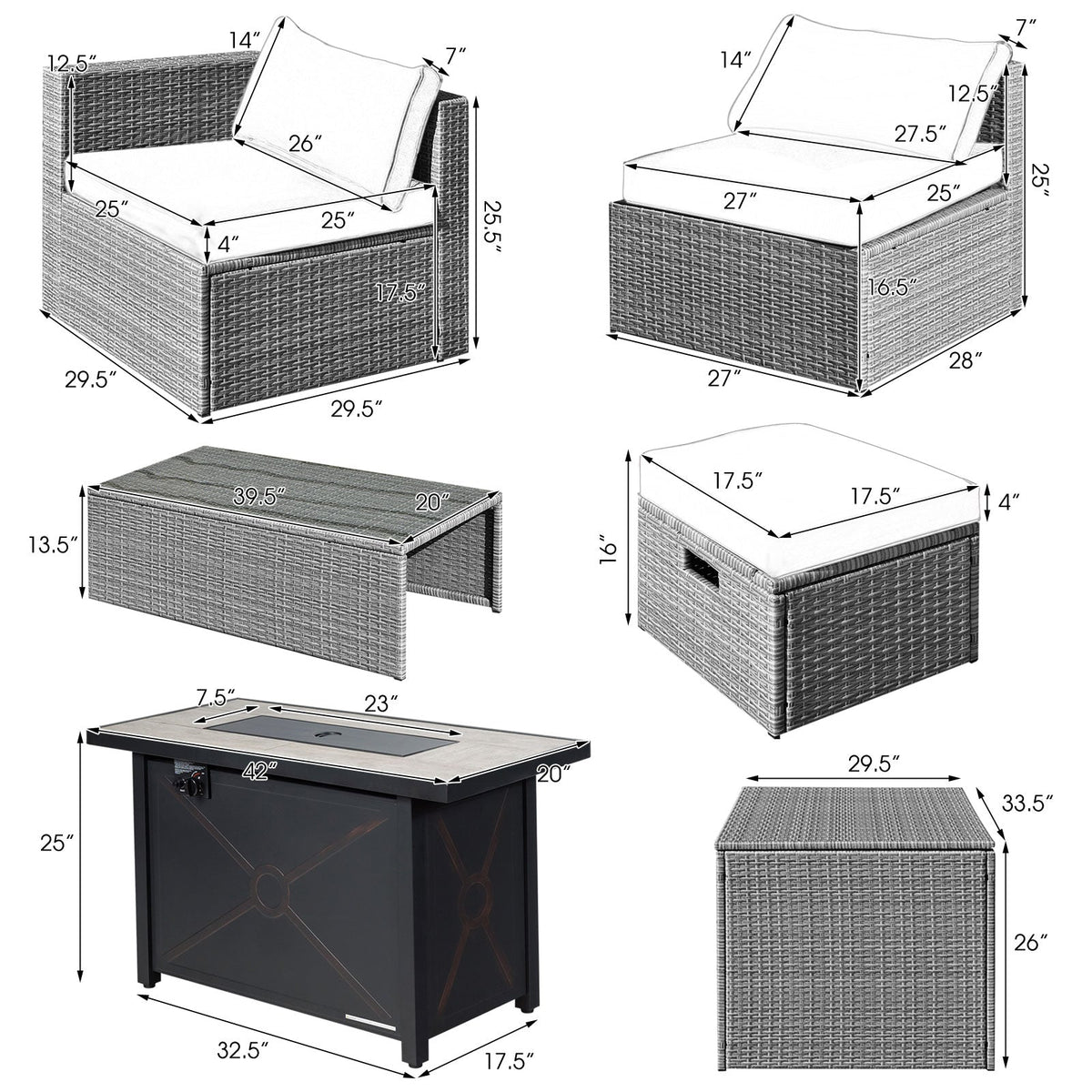 9-Piece Outdoor Hand-Woven PE Wicker Set with 42" 60,000 BTU Ceramic Fire Pit & 2 Covers
