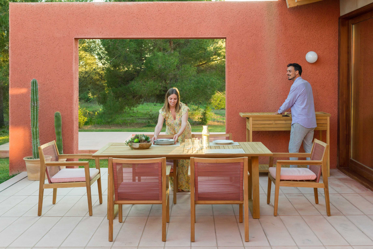 Agate Rectangular Teak Outdoor Dining Table – FSC™ Certified, Trapezoid Legs, 78"