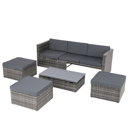 5-Piece Outdoor PE Wicker Conversation Set with Reclining Sofa & Lift-Top Table — Dark Gray