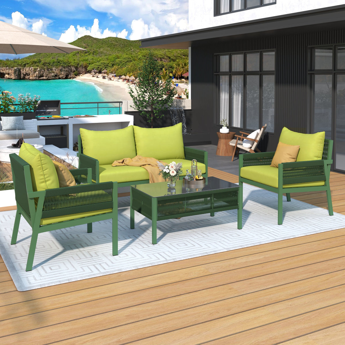 4-Piece Outdoor Rope Weave Deep Seating Set with Tempered Glass Table — Green & Yellow-Green
