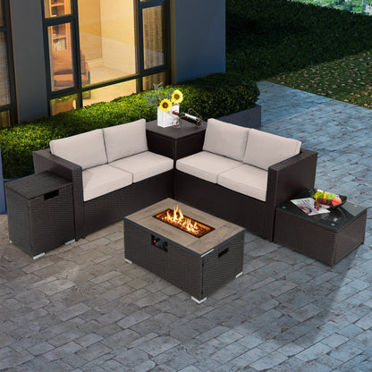 6-Piece Outdoor Hand-Woven PE Wicker Set with CSA-Certified 40,000 BTU Fire Pit, Hideaway Tank & Storage Box