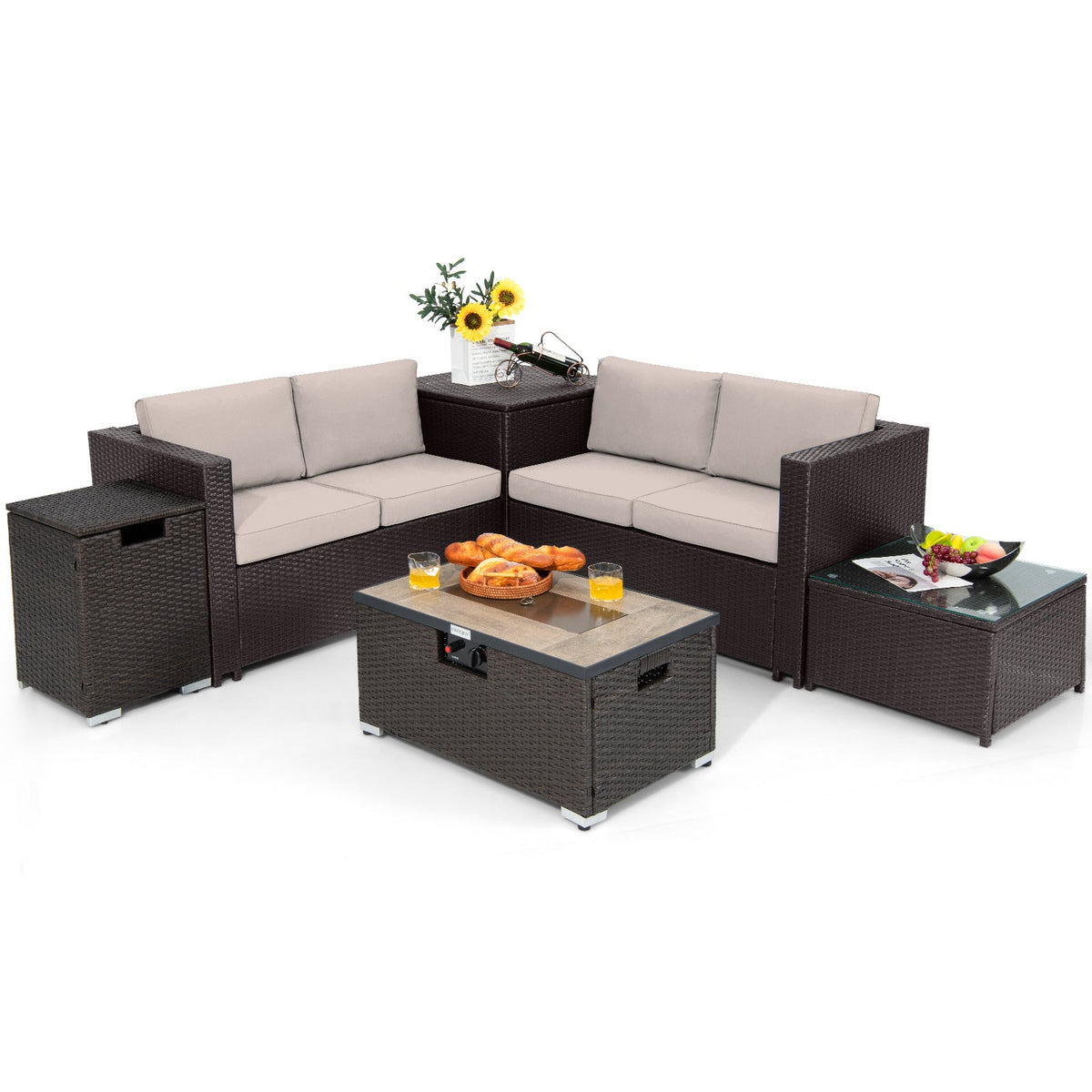 6-Piece Outdoor Hand-Woven PE Wicker Set with CSA-Certified 40,000 BTU Fire Pit, Hideaway Tank & Storage Box