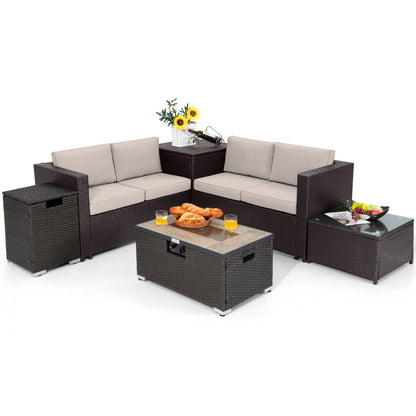6-Piece Outdoor Hand-Woven PE Wicker Set with CSA-Certified 40,000 BTU Fire Pit, Hideaway Tank & Storage Box