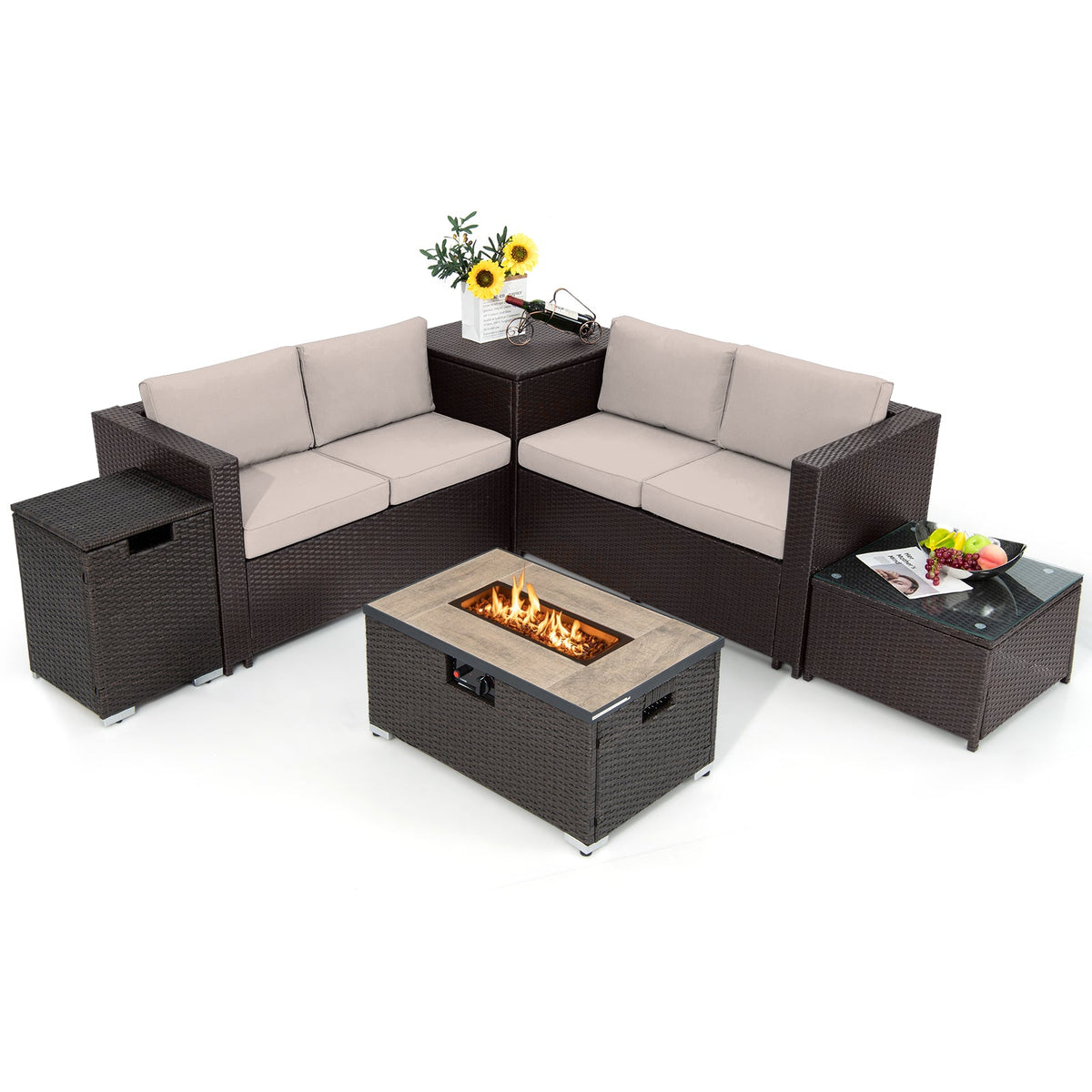 6-Piece Outdoor Hand-Woven PE Wicker Set with CSA-Certified 40,000 BTU Fire Pit, Hideaway Tank & Storage Box
