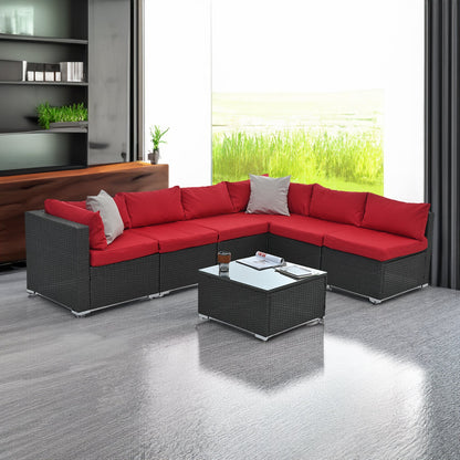 7-Piece Outdoor PE Rattan Sectional Set with Tempered Glass Table — Dark Gray