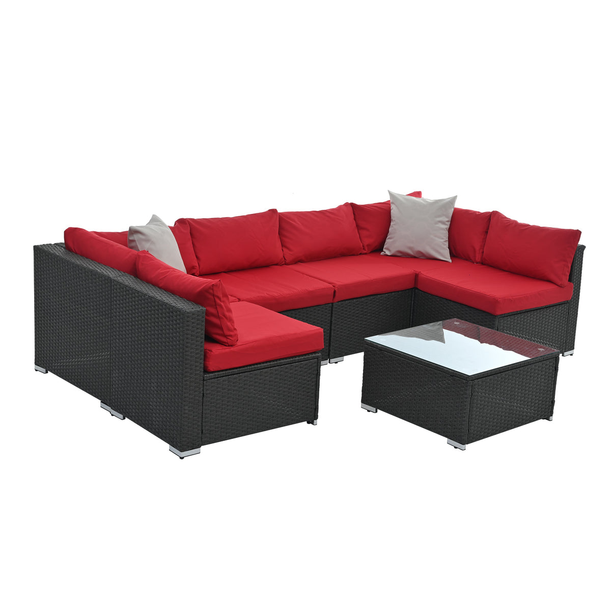 7-Piece Outdoor PE Rattan Sectional Set with Tempered Glass Table — Dark Gray