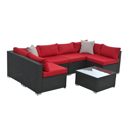 7-Piece Outdoor PE Rattan Sectional Set with Tempered Glass Table — Dark Gray