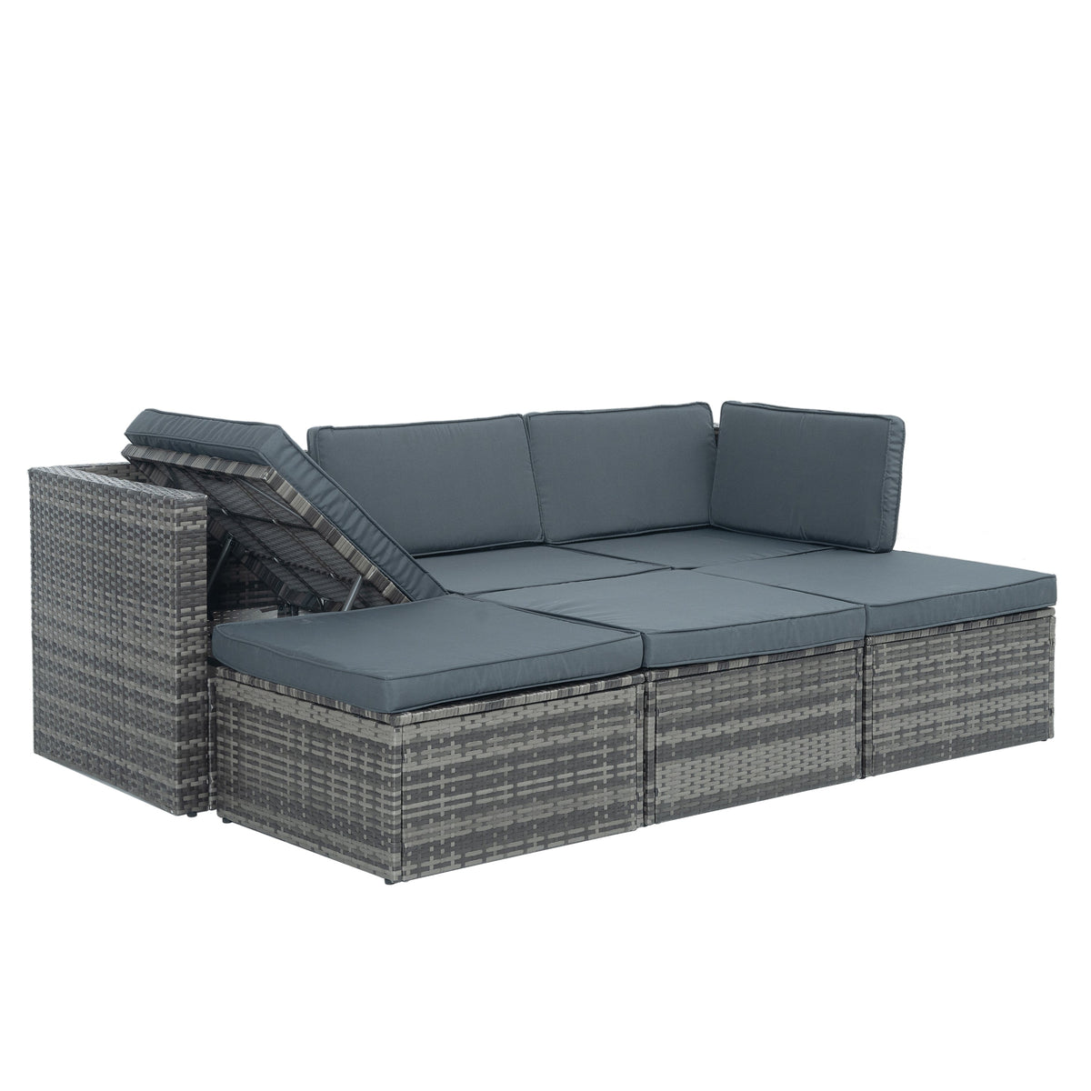 5-Piece Outdoor PE Wicker Conversation Set with Reclining Sofa & Lift-Top Table — Dark Gray