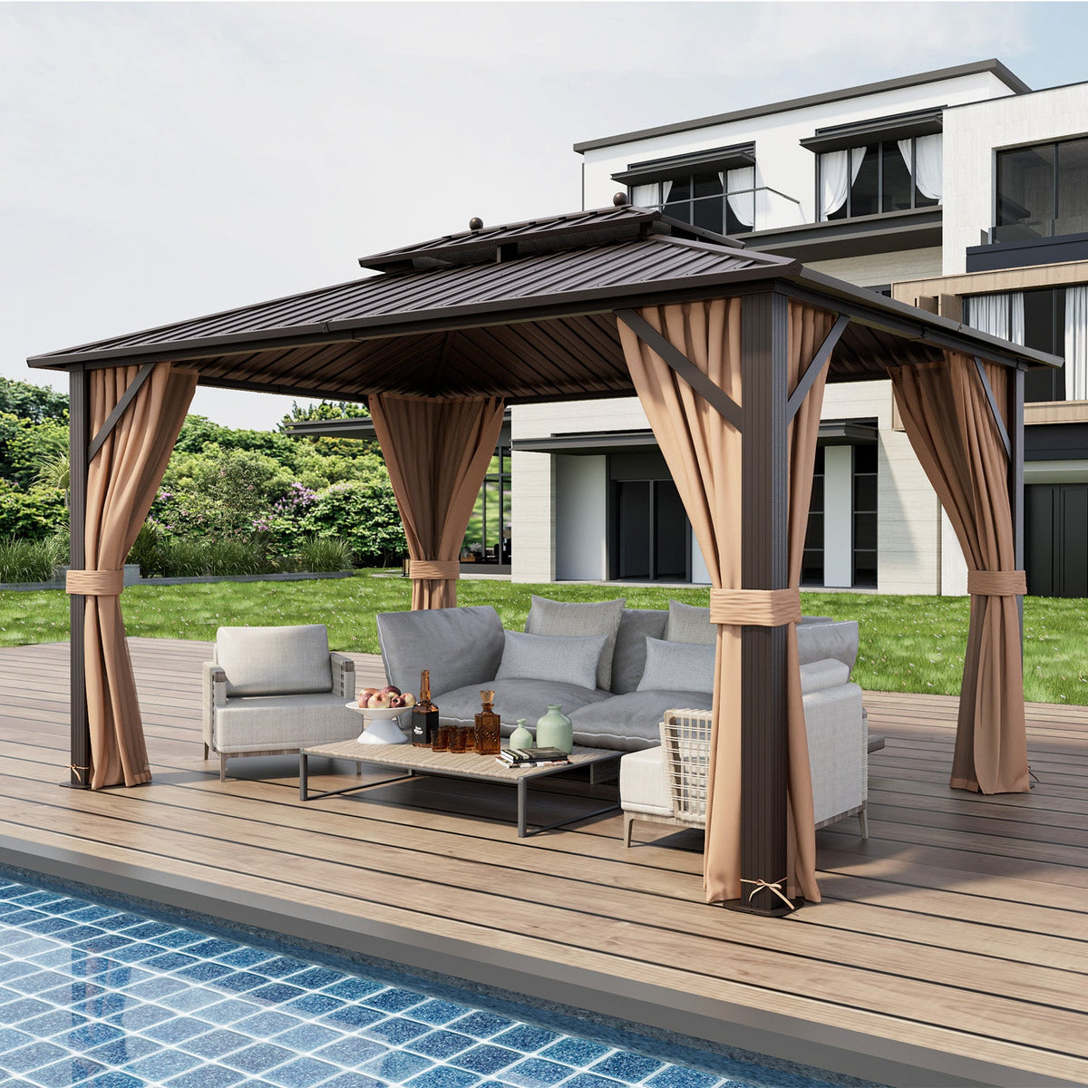 10x13 Ft Hardtop Gazebo With Galvanized Steel Double Roof, Curtains & Netting – Coffee