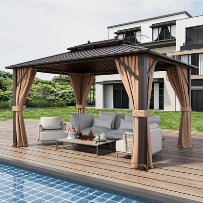 10x13 Ft Hardtop Gazebo With Galvanized Steel Double Roof, Curtains & Netting – Coffee