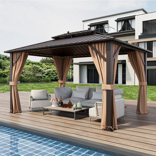 10x13 Ft Hardtop Gazebo With Galvanized Steel Double Roof, Curtains & Netting – Coffee