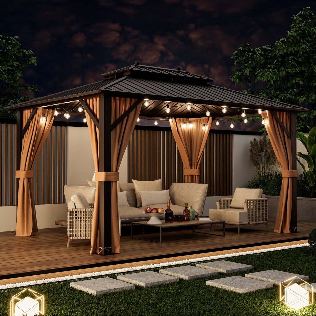 10x13 Ft Hardtop Gazebo With Galvanized Steel Double Roof, Curtains & Netting – Coffee