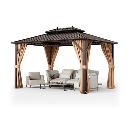 10x13 Ft Hardtop Gazebo With Galvanized Steel Double Roof, Curtains & Netting – Coffee