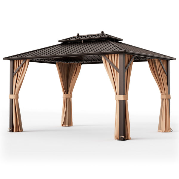 10x13 Ft Hardtop Gazebo With Galvanized Steel Double Roof, Curtains & Netting – Coffee
