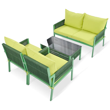 4-Piece Outdoor Rope Weave Deep Seating Set with Tempered Glass Table — Green & Yellow-Green