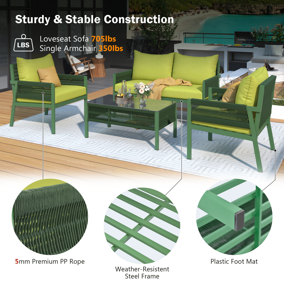 4-Piece Outdoor Rope Weave Deep Seating Set with Tempered Glass Table — Green & Yellow-Green