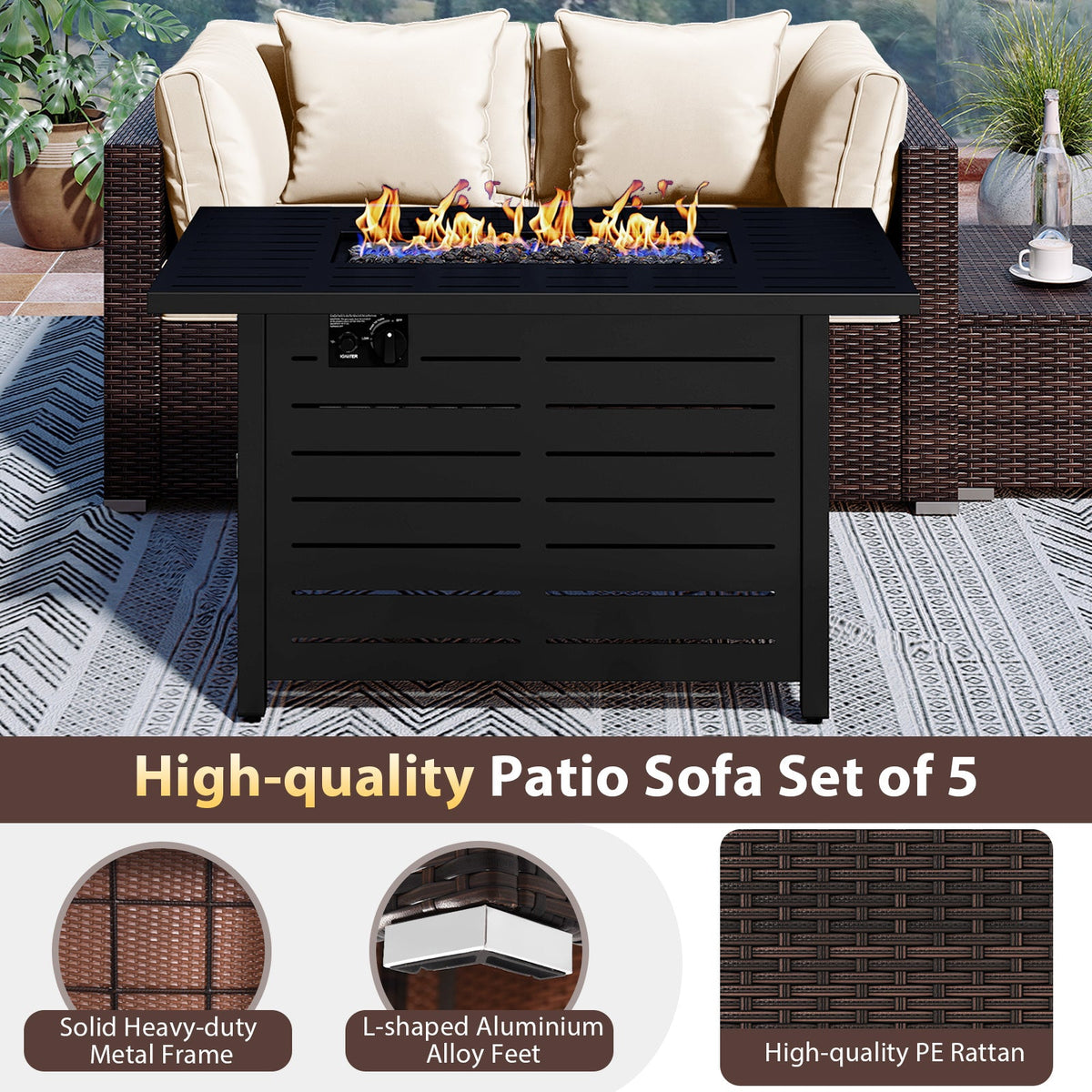 5-Piece Outdoor Rattan Sofa Set with 60,000 BTU Propane Fire Pit Table & Ottoman
