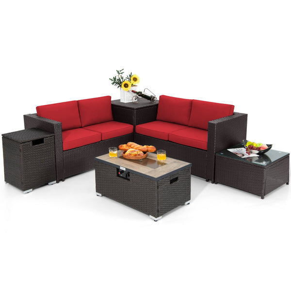 6-Piece Outdoor Hand-Woven PE Wicker Set with CSA-Certified 40,000 BTU Fire Pit, Hideaway Tank & Storage Box