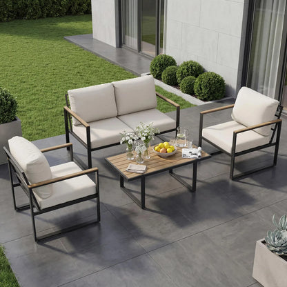 4-Piece Aluminum Patio Conversation Set With Love Seat, Armchairs, and Coffee Table