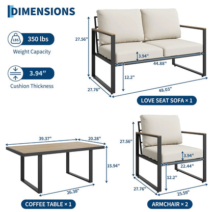 4-Piece Aluminum Patio Conversation Set With Love Seat, Armchairs, and Coffee Table