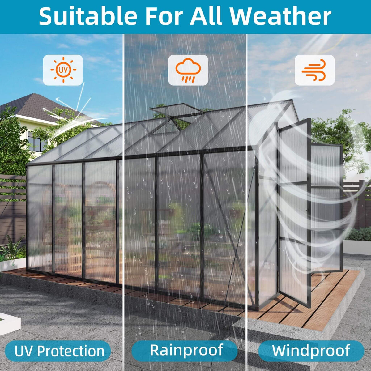 8x12 ft All-Season Polycarbonate Greenhouse with Raised Base and Aluminum Frame